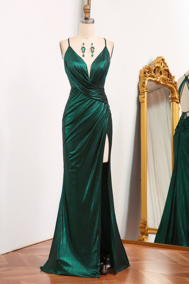 Load image into Gallery viewer, Dark Green Spaghetti Straps Mermaid Long Prom Dress with Slit