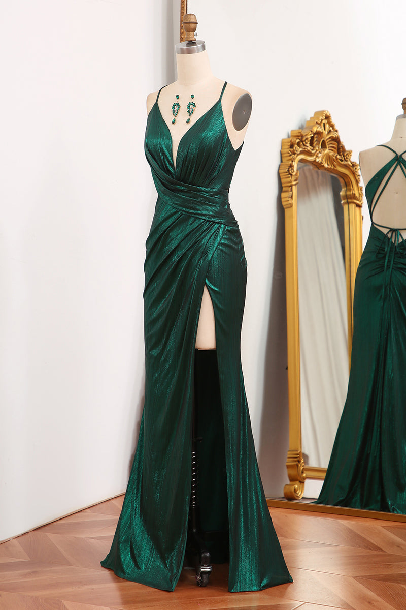 Load image into Gallery viewer, Dark Green Spaghetti Straps Mermaid Long Prom Dress with Slit