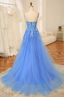 Load image into Gallery viewer, Blue A-Line Spaghetti Straps Tulle Long Prom Dress With Appliques
