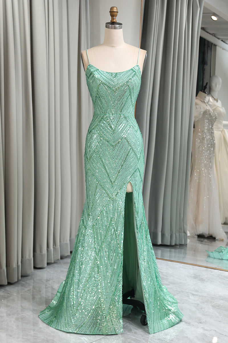 Load image into Gallery viewer, Sparkly Mermaid Spaghetti Straps Sequin Long Prom Dress With Slit