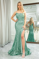 Load image into Gallery viewer, Mermaid Green Spaghetti Straps Sequin Long Prom Dress With Slit