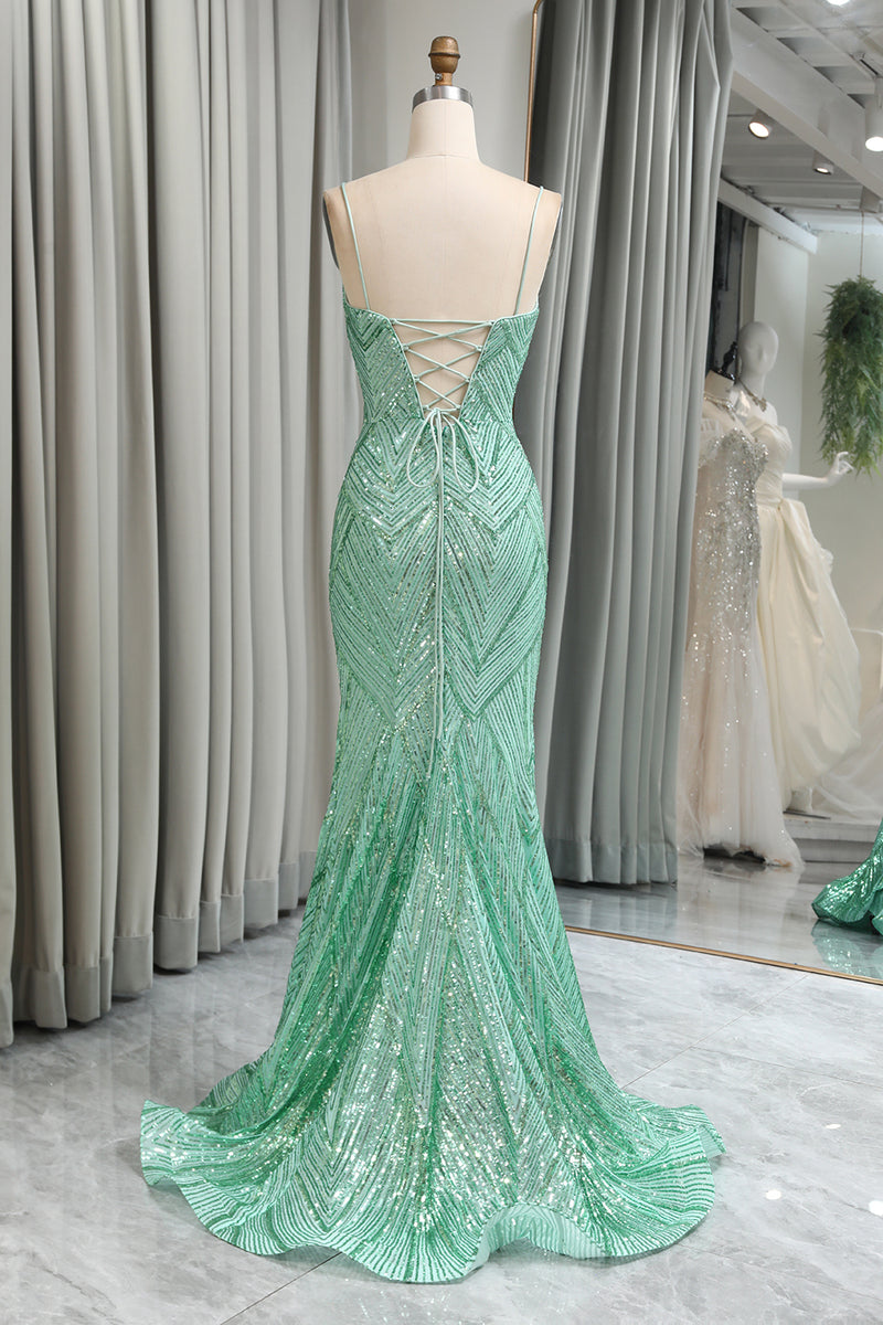Load image into Gallery viewer, Sparkly Mermaid Spaghetti Straps Sequin Long Prom Dress With Slit