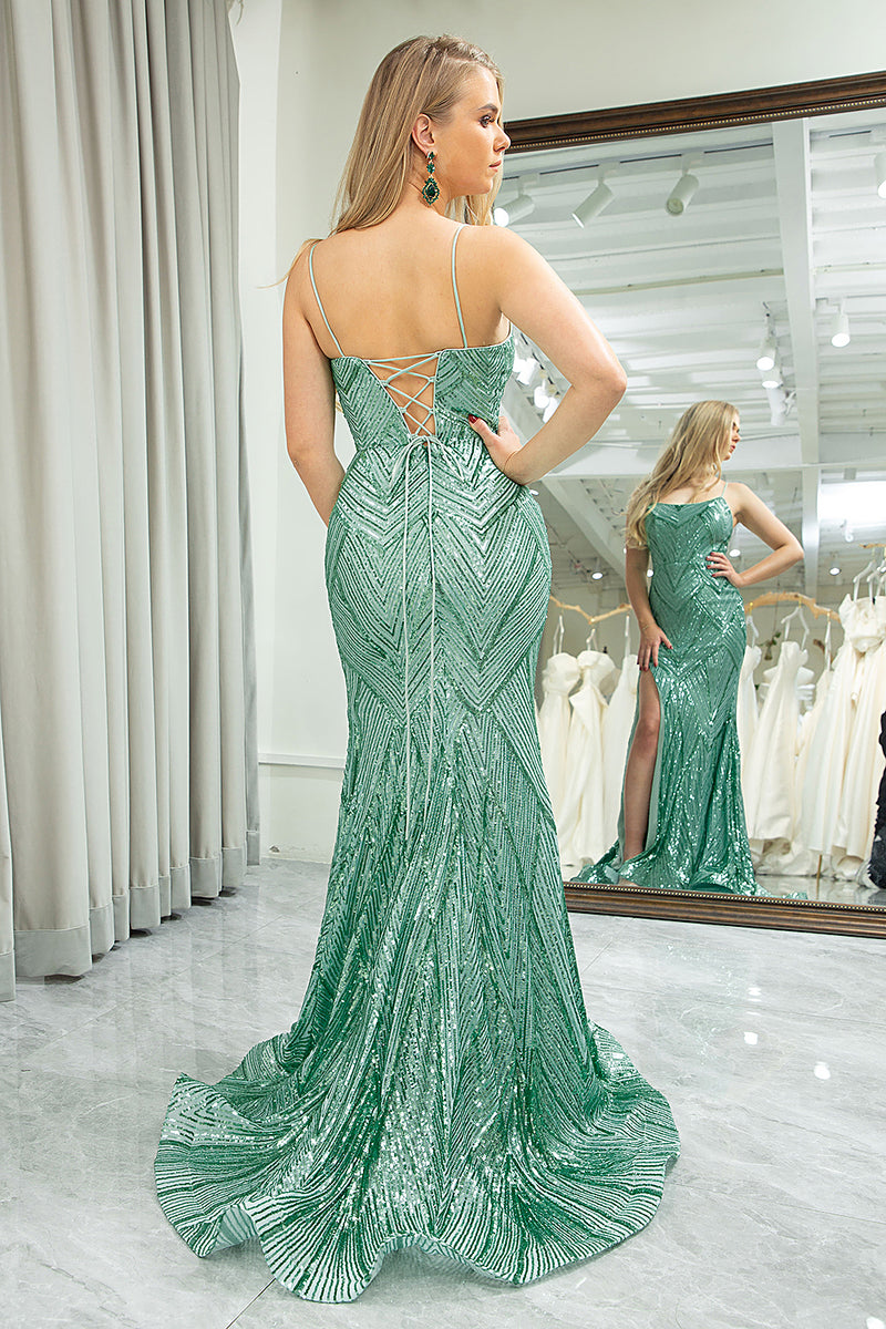 Load image into Gallery viewer, Mermaid Green Spaghetti Straps Sequin Long Prom Dress With Slit