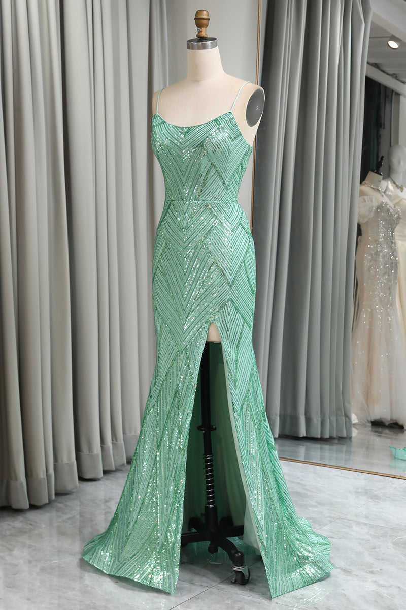 Load image into Gallery viewer, Sparkly Mermaid Spaghetti Straps Sequin Long Prom Dress With Slit