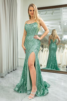 Load image into Gallery viewer, Mermaid Green Spaghetti Straps Sequin Long Prom Dress With Slit