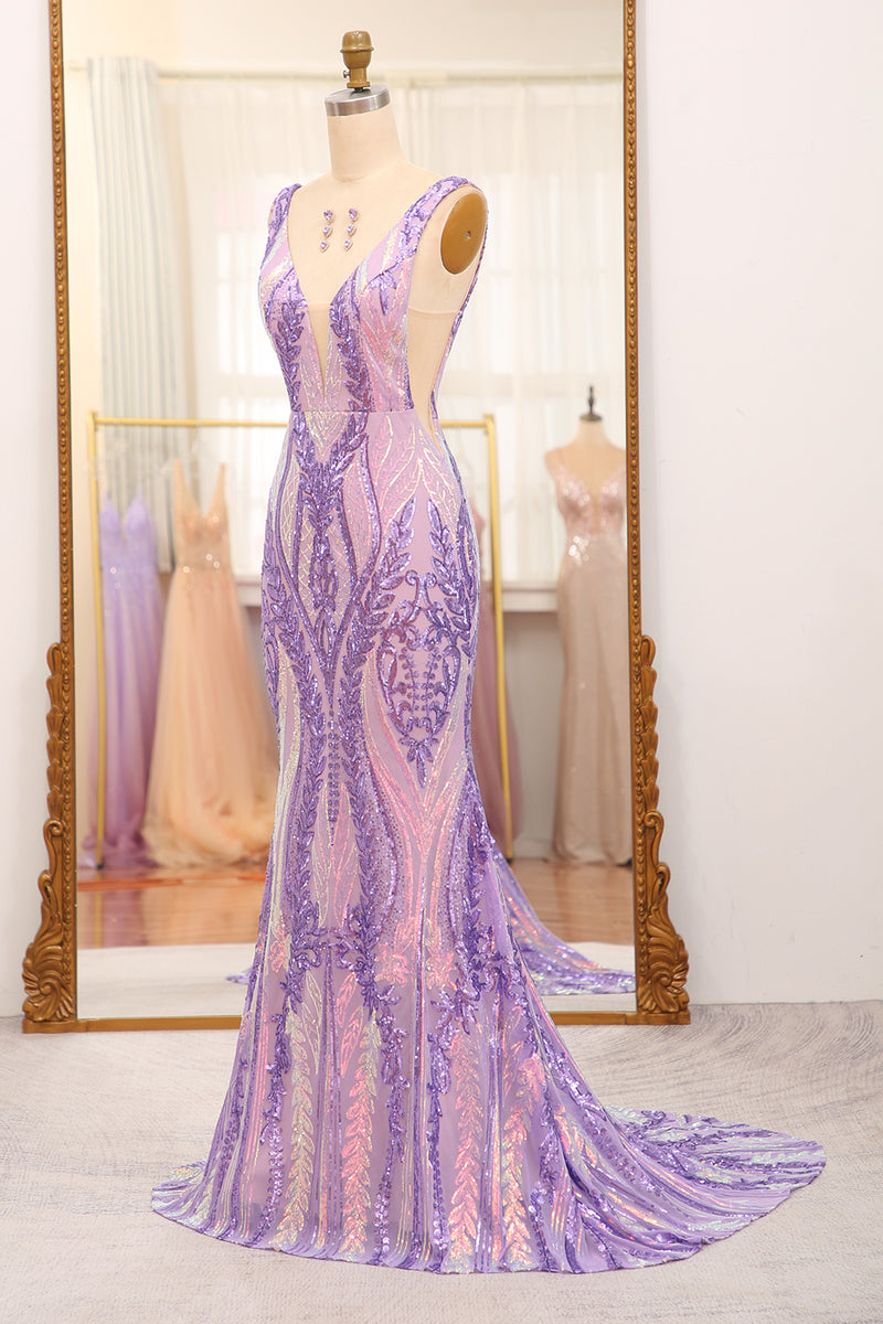 Load image into Gallery viewer, Mermaid Purple Deep V-Neck Long Prom Dress with Sequins