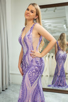 Load image into Gallery viewer, Mermaid Deep V-Neck Purple Long Prom Dress with Sequins