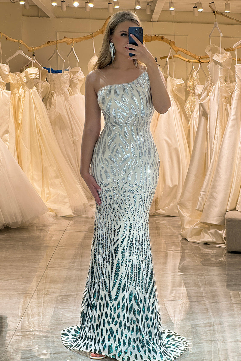 Load image into Gallery viewer, Sparkly Mermaid One Shoulder Sequin Long Prom Dress