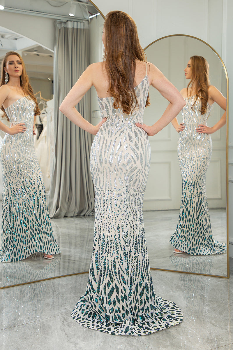 Load image into Gallery viewer, Sparkly Dark Green Mermaid One Shoulder Sequin Long Prom Dress