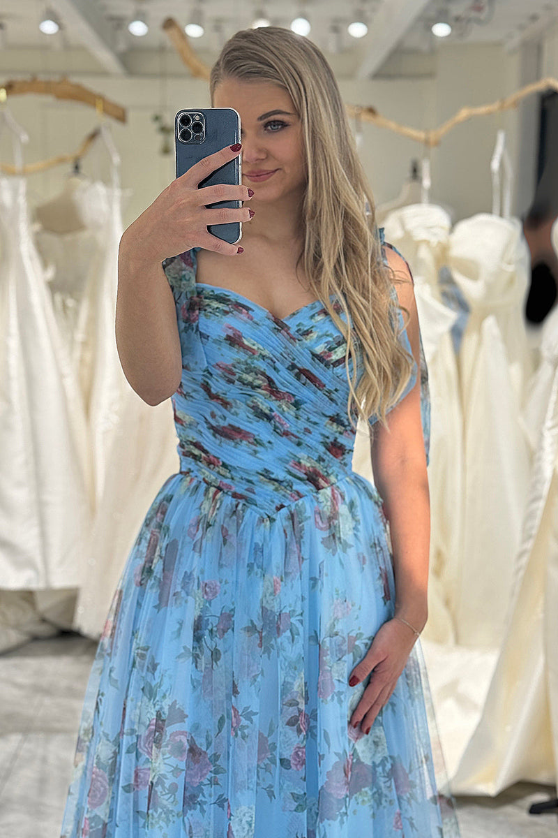 Load image into Gallery viewer, Blue Printed A-line Off The Shoulder Prom Dress