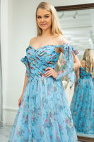 Load image into Gallery viewer, A-line Blue Printed Off The Shoulder Prom Dress