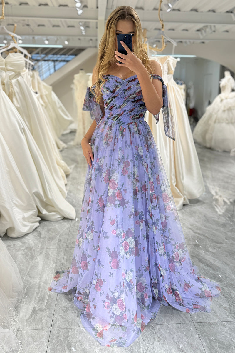 Load image into Gallery viewer, A-line Lavendar Printed Off The Shoulder Prom Dress