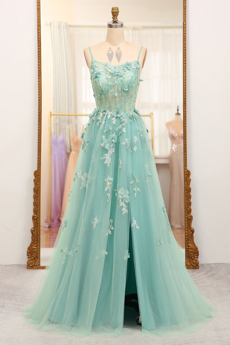 Load image into Gallery viewer, Green A-Line Spaghetti Straps Tulle Long Prom Dress with Appliques