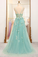 Load image into Gallery viewer, Green A-Line Spaghetti Straps Tulle Long Prom Dress with Appliques