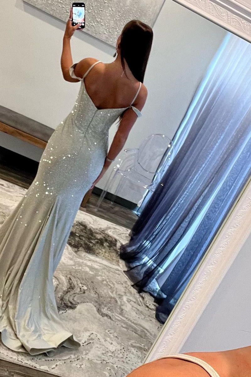 Load image into Gallery viewer, Mermaid Cold Shoulder Sparkly Navy Long Prom Dress with Slit
