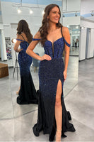 Load image into Gallery viewer, Mermaid Cold Shoulder Sparkly Navy Long Prom Dress with Slit