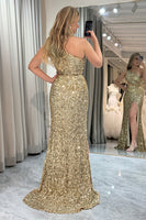 Load image into Gallery viewer, Sparkly Golden Mermaid One Shoulder Long Prom Dress With Slit