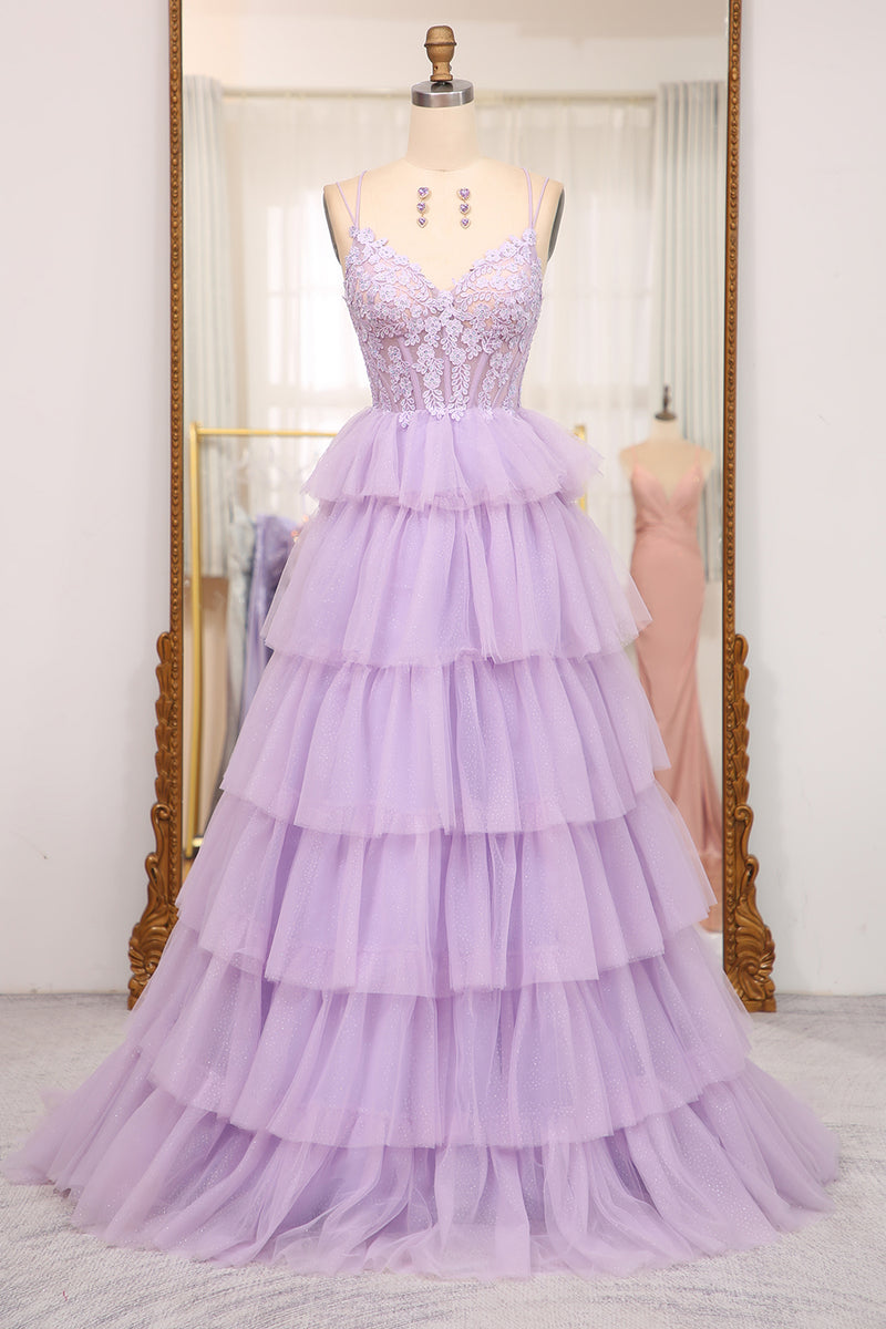 Load image into Gallery viewer, A-line Lilac Spaghetti Straps Tiered Prom Dress with Appliques