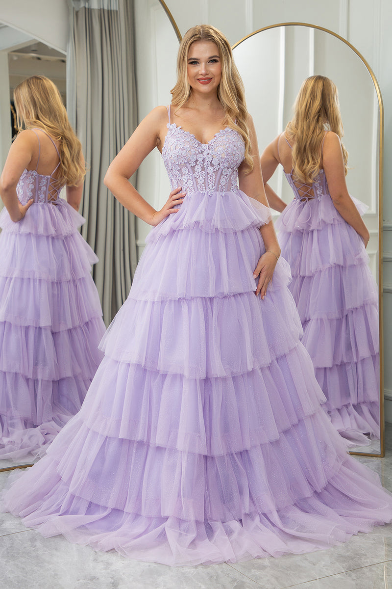 Load image into Gallery viewer, Lilac A-line Spaghetti Straps Tiered Prom Dress with Appliques