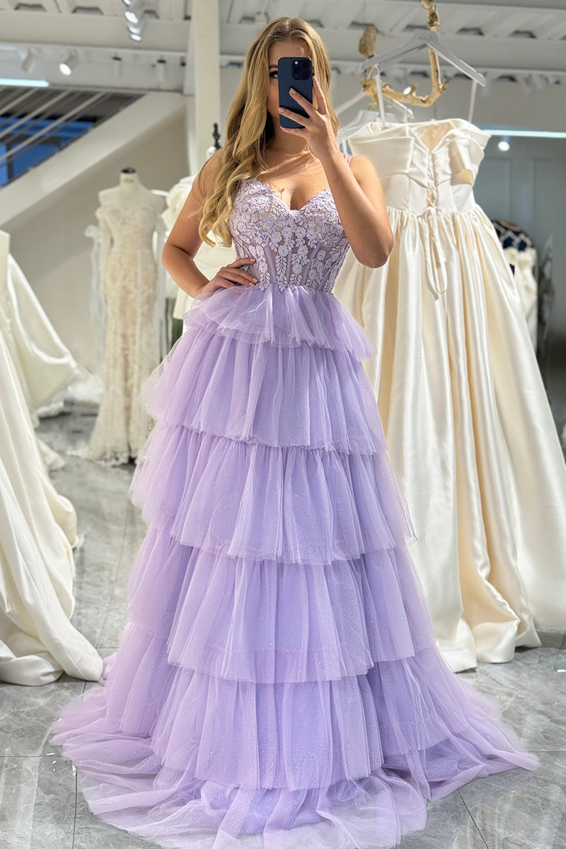 Load image into Gallery viewer, A-line Lilac Spaghetti Straps Tiered Long Prom Dress with Appliques