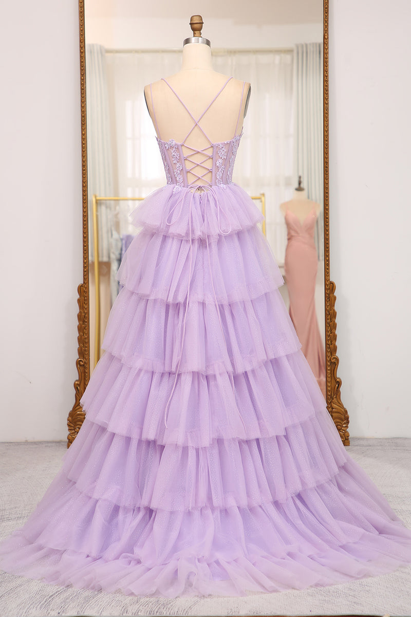 Load image into Gallery viewer, A-line Lilac Spaghetti Straps Tiered Prom Dress with Appliques