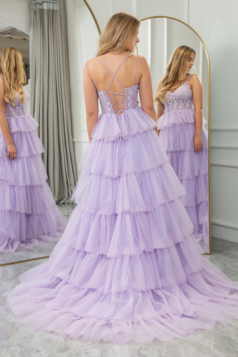 Load image into Gallery viewer, Lilac A-line Spaghetti Straps Tiered Prom Dress with Appliques