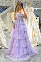 Load image into Gallery viewer, A-line Lilac Spaghetti Straps Tiered Long Prom Dress with Appliques