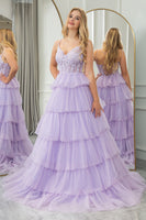 Load image into Gallery viewer, Lilac A-line Spaghetti Straps Tiered Prom Dress with Appliques