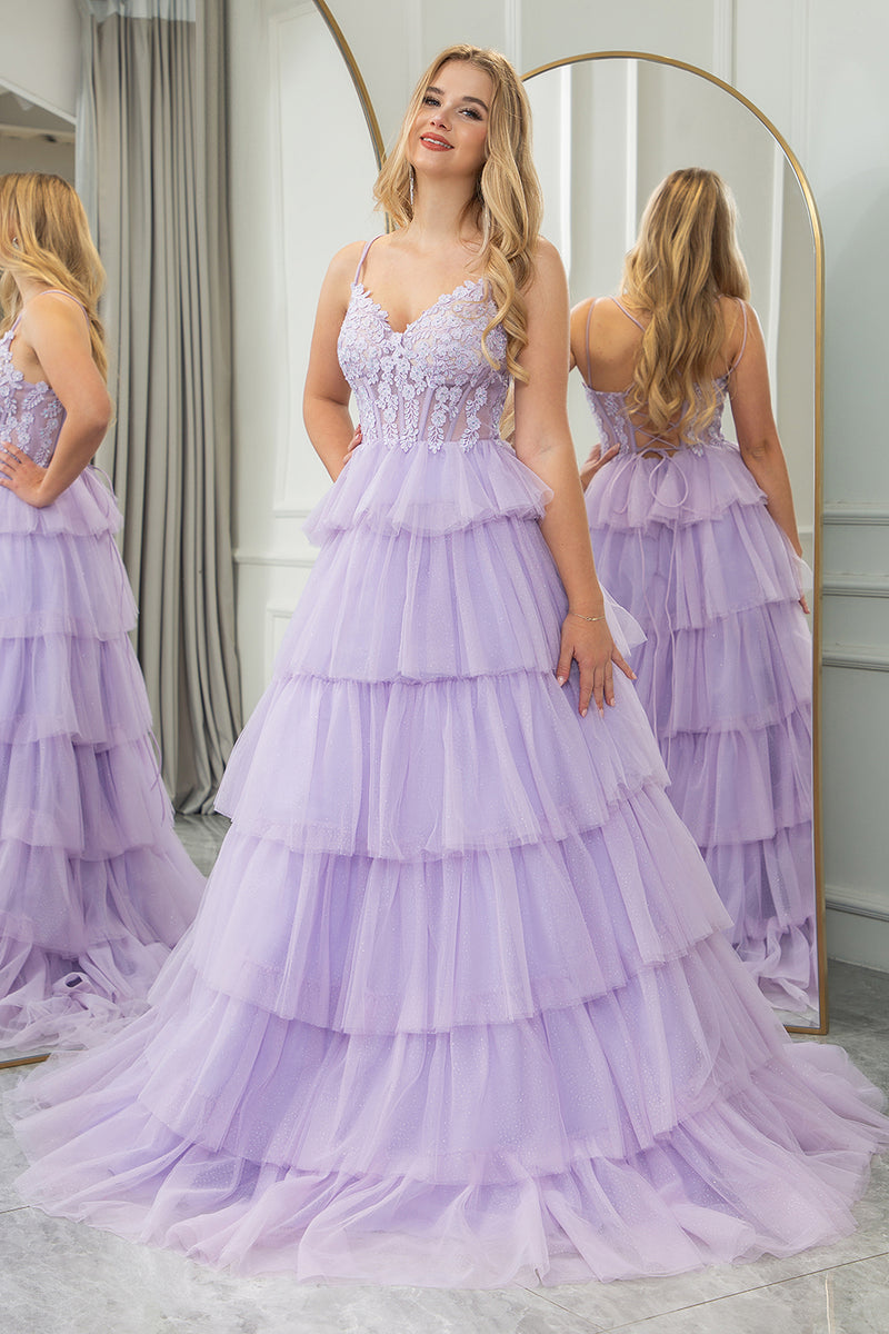 Load image into Gallery viewer, Lilac A-line Spaghetti Straps Tiered Prom Dress with Appliques