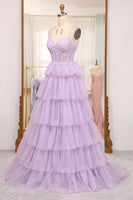 Load image into Gallery viewer, A-line Lilac Spaghetti Straps Tiered Prom Dress with Appliques
