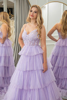 Load image into Gallery viewer, Lilac A-line Spaghetti Straps Tiered Prom Dress with Appliques