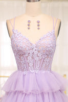Load image into Gallery viewer, A-line Lilac Spaghetti Straps Tiered Prom Dress with Appliques