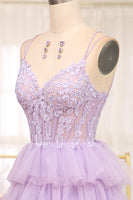Load image into Gallery viewer, A-line Lilac Spaghetti Straps Tiered Prom Dress with Appliques