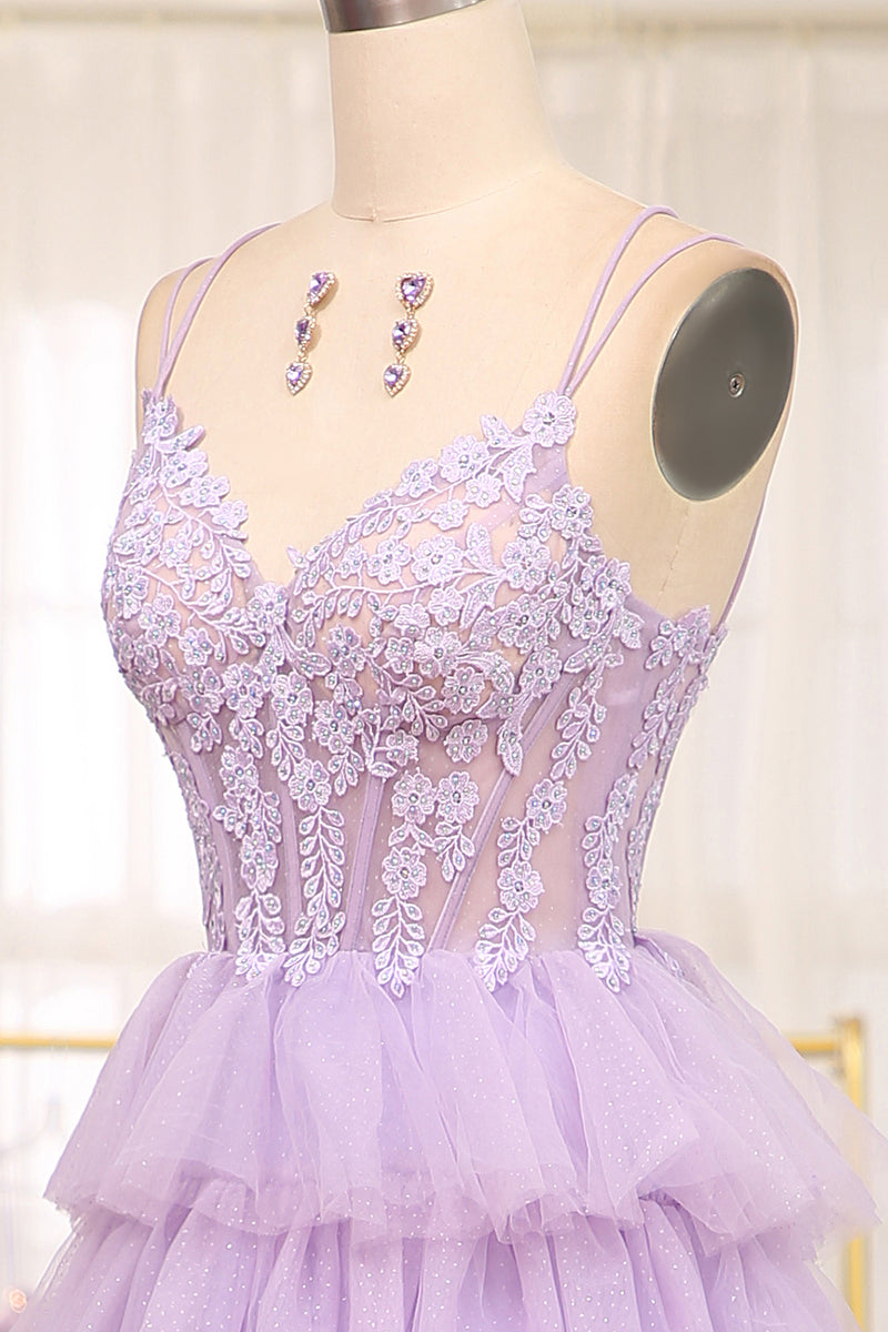 Load image into Gallery viewer, A-line Lilac Spaghetti Straps Tiered Prom Dress with Appliques