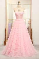 Load image into Gallery viewer, A-line Pink Strapless Tiered Corset Prom Dress with Appliques