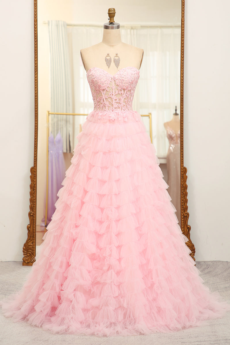 Load image into Gallery viewer, A-line Pink Strapless Tiered Corset Prom Dress with Appliques