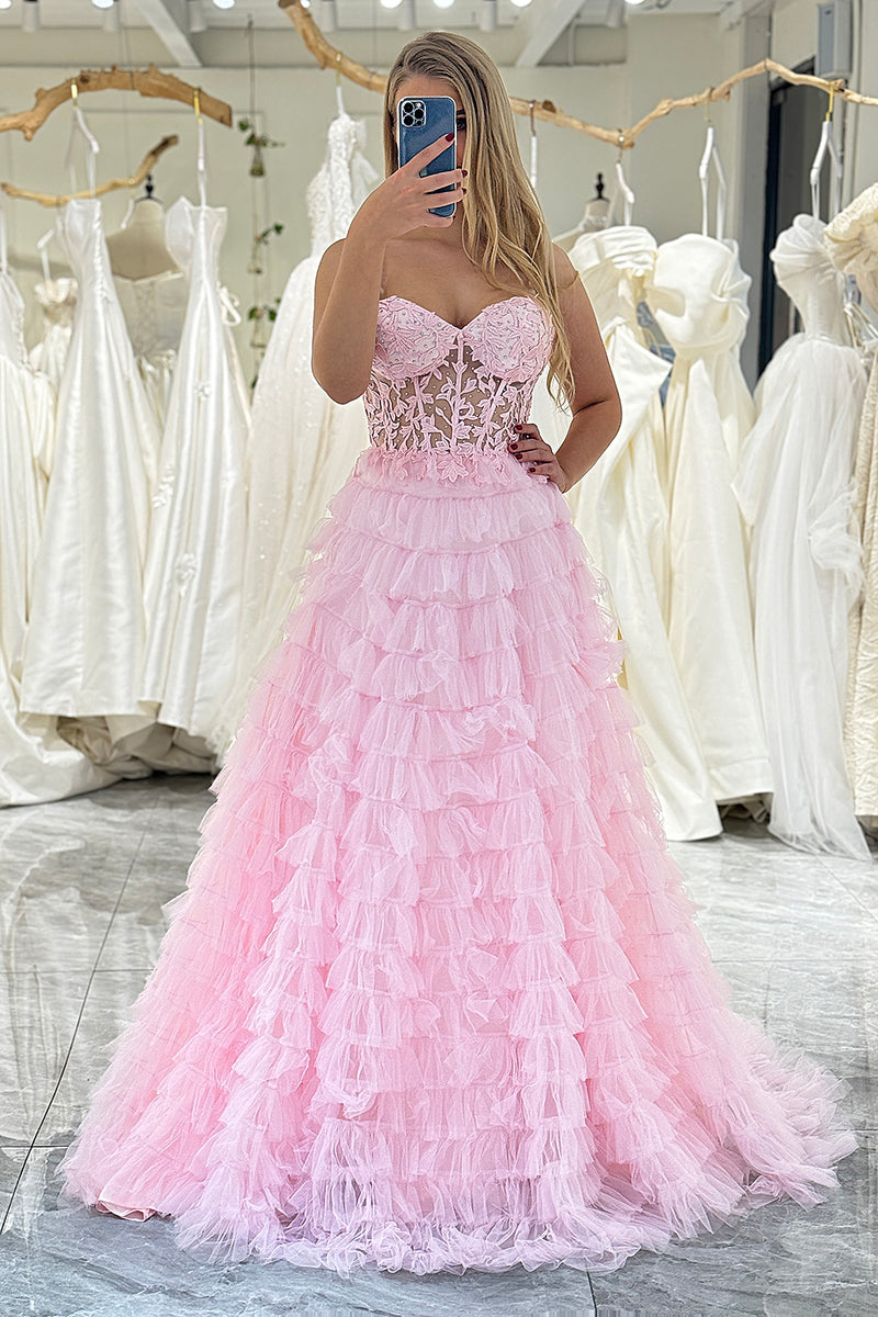 Load image into Gallery viewer, Pink A-line Strapless Tiered Corset Prom Dress with Appliques