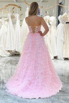 Pink A-line Strapless Tiered Corset Prom Dress with Appliques