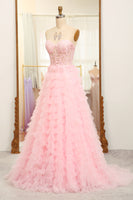 Load image into Gallery viewer, A-line Pink Strapless Tiered Corset Prom Dress with Appliques