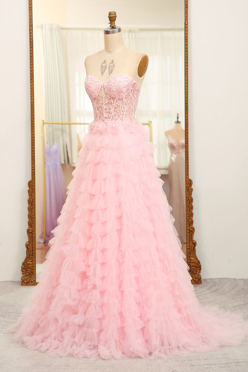 Load image into Gallery viewer, A-line Pink Strapless Tiered Corset Prom Dress with Appliques