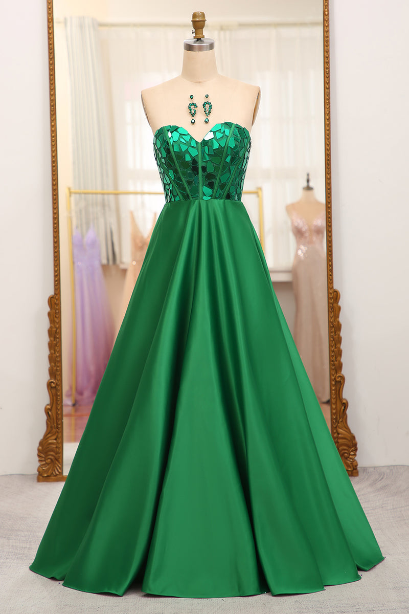 Load image into Gallery viewer, Dark Green Sparkly A-line Strapless Corset Prom Dress