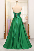 Load image into Gallery viewer, Dark Green Sparkly A-line Strapless Corset Prom Dress