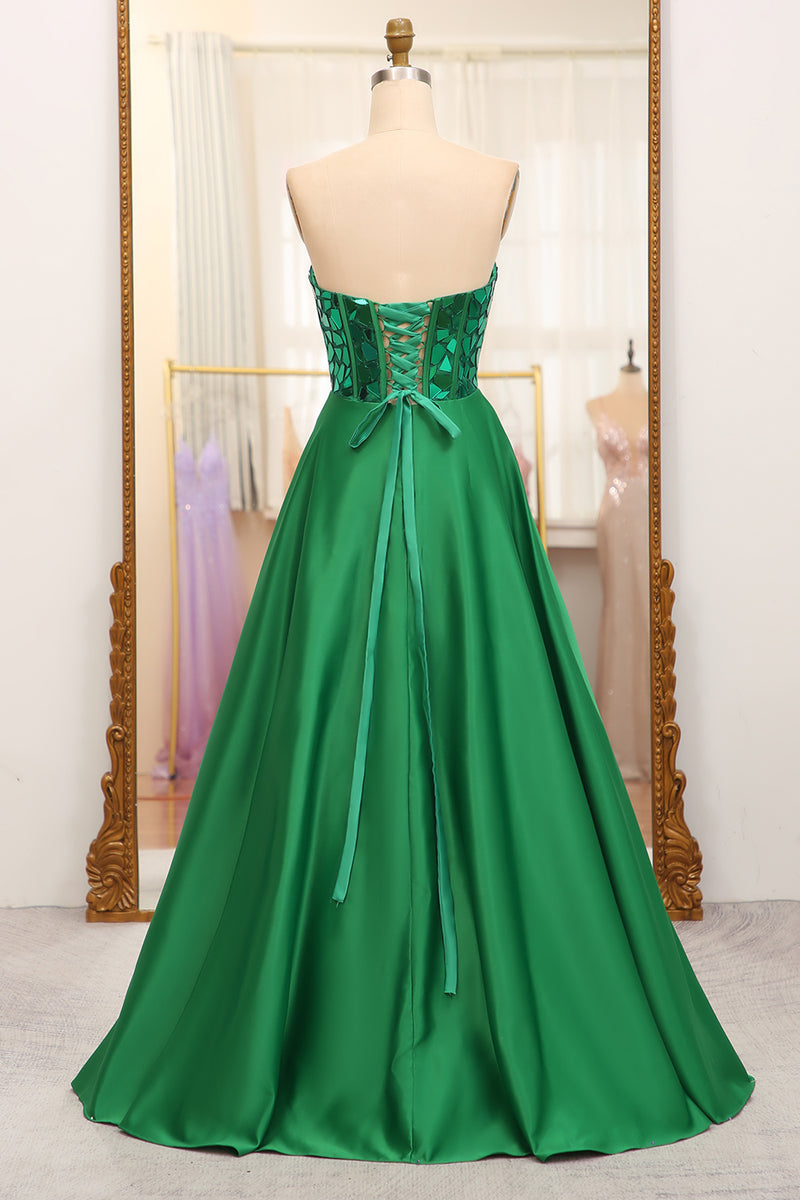 Load image into Gallery viewer, Dark Green Sparkly A-line Strapless Corset Prom Dress