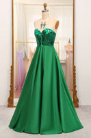 Load image into Gallery viewer, Dark Green Sparkly A-line Strapless Corset Prom Dress