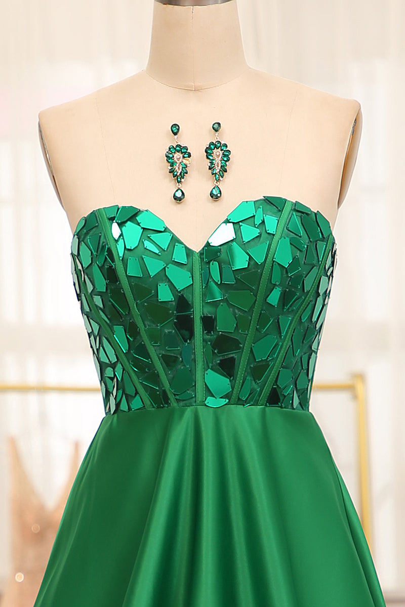 Load image into Gallery viewer, Dark Green Sparkly A-line Strapless Corset Prom Dress