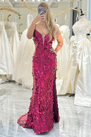 Load image into Gallery viewer, Fuchsia Mermaid Spaghetti Straps Sequin Long Prom Dress with Slit