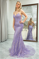 Load image into Gallery viewer, Mermaid Lilac Spaghetti Straps Beaded Long Prom Dress