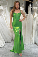 Load image into Gallery viewer, Mermaid Green Spaghetti Straps Long Prom Dress with Slit