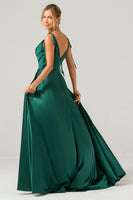 Load image into Gallery viewer, Dark Green A-Line Spaghetti Straps Ruched Long Bridesmaid Dress with Slit
