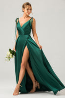 Load image into Gallery viewer, Dark Green A-Line Spaghetti Straps Ruched Long Bridesmaid Dress with Slit
